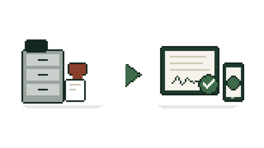 Links een overvolle archiefkast met stempels en een draaischijftelefoon, rechts een digitaal ondertekend document