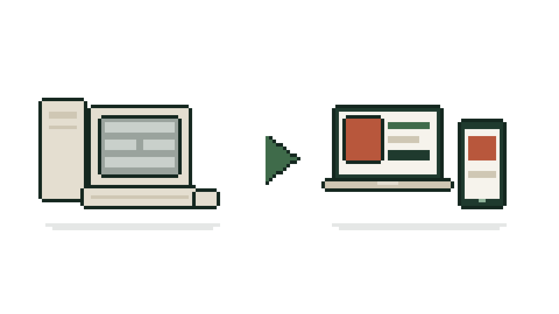 Links een oude beige pc met een volgepropt formulier, rechts een moderne laptop en telefoon met Keepr