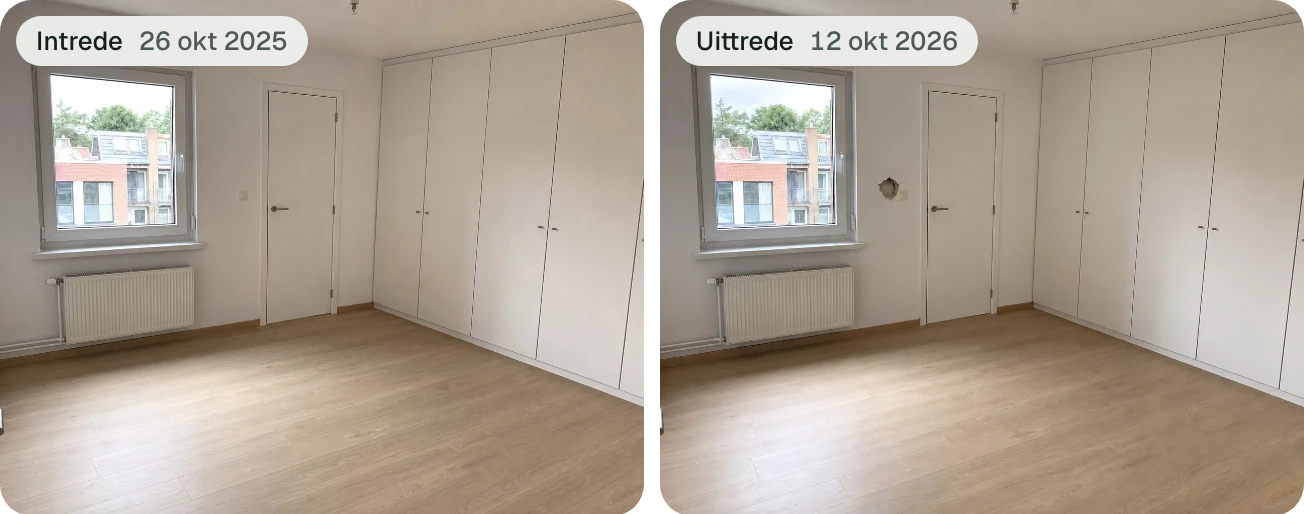 Dezelfde kamer bij intrede en uittrede, naast elkaar: bij de uittrede zit er een gat in de wand naast de deur