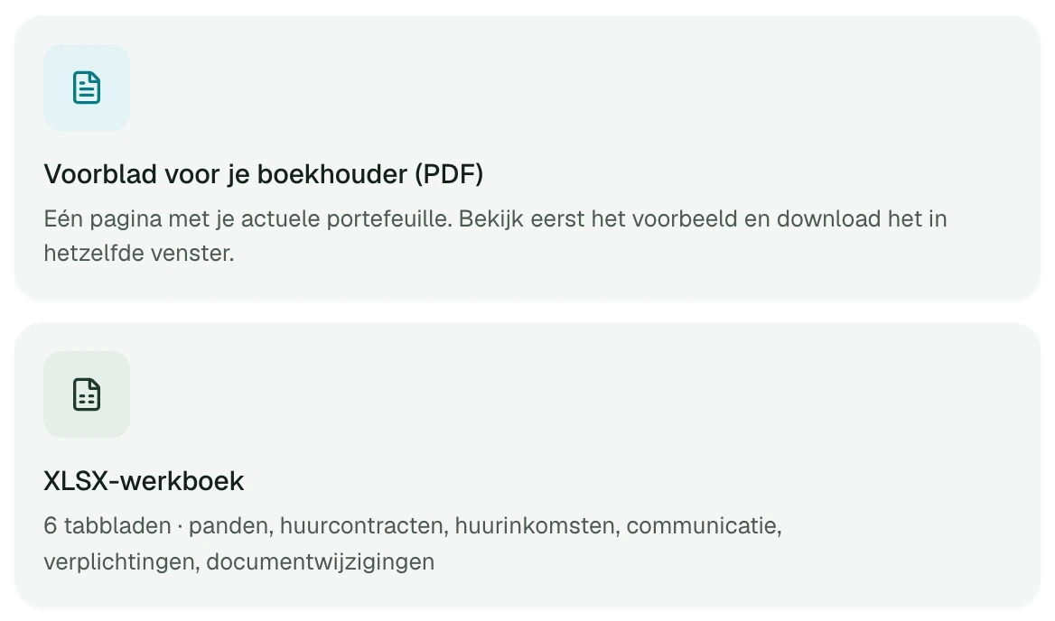 Export voor de boekhouder: een voorblad als PDF en een werkboek met zes tabbladen